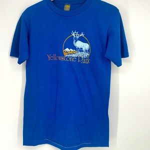 1982 Vtg Russell Yellowstone Park Elk Wild West Graphic Blue Shirt Single Stitch